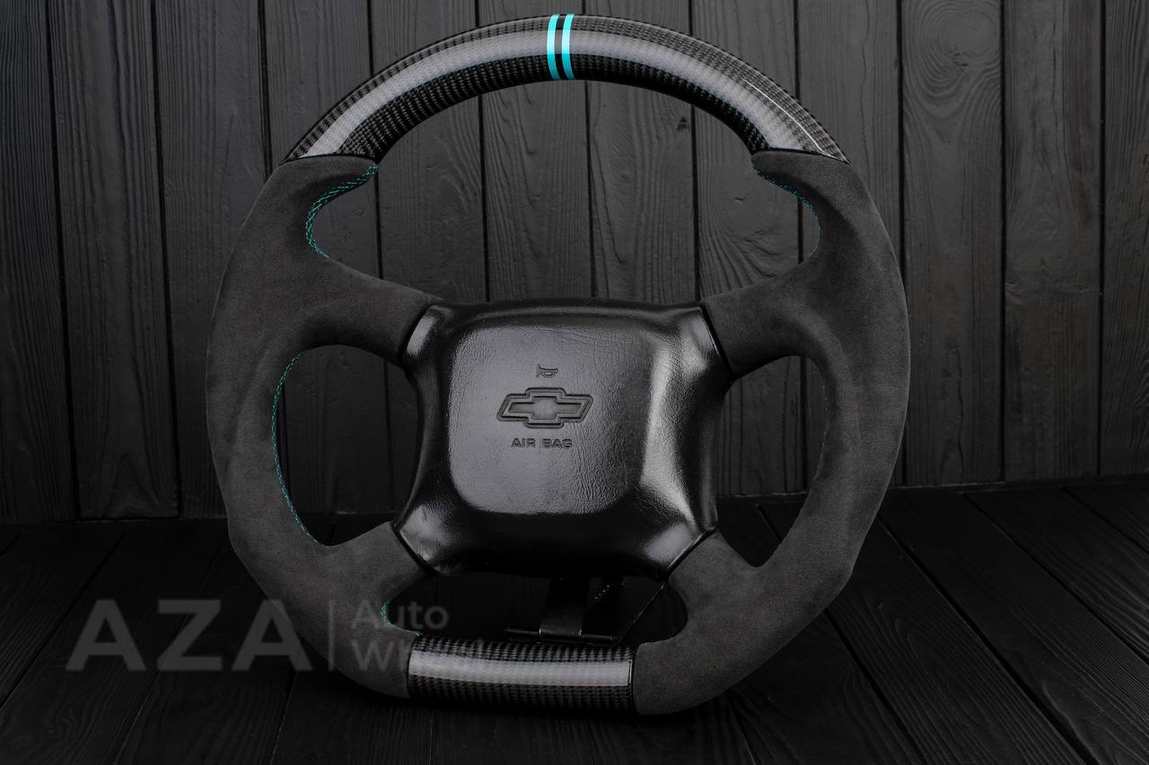 Steering wheel GM Silverado, Sierra, Escalade, Yukon, S10, Blazer, Tahoe, Suburban (1998-2002) Carbon fiber/Alcantara/Mint stripe - Image 3