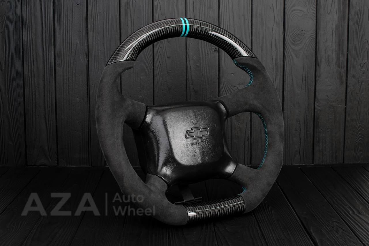 Steering wheel GM Silverado, Sierra, Escalade, Yukon, S10, Blazer, Tahoe, Suburban (1998-2002) Carbon fiber/Alcantara/Mint stripe - Image 4