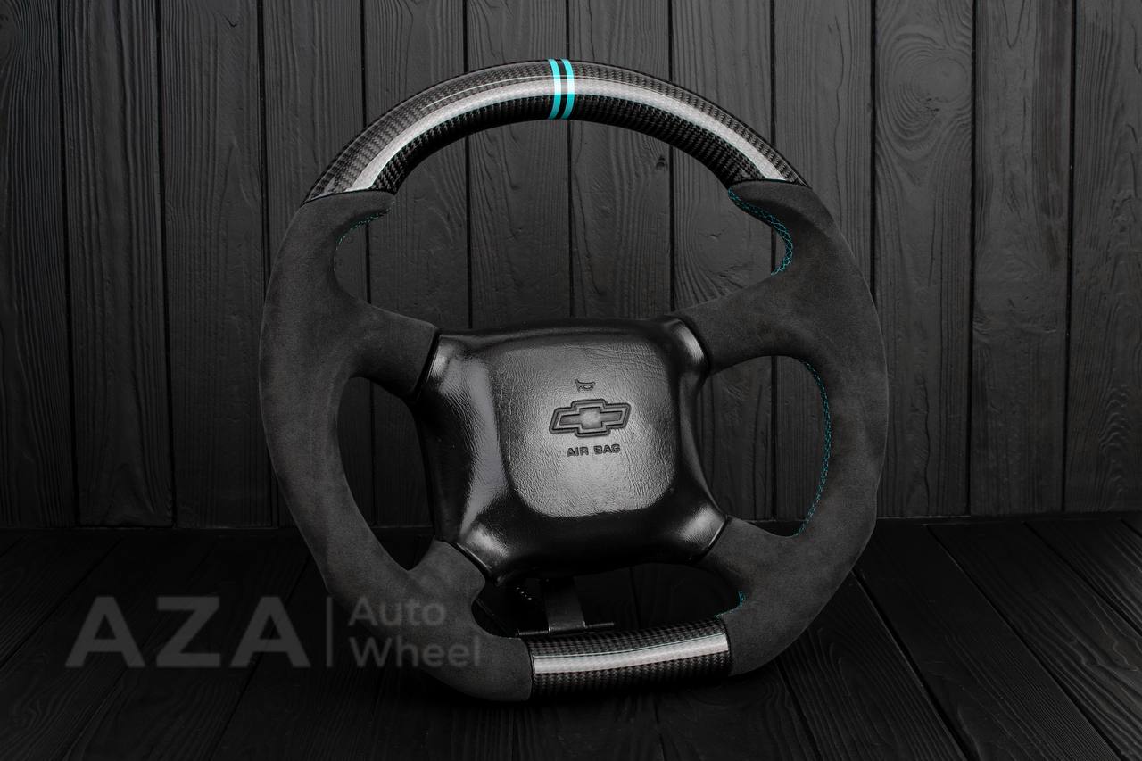 Steering wheel GM Silverado, Sierra, Escalade, Yukon, S10, Blazer, Tahoe, Suburban (1998-2002) Carbon fiber/Alcantara/Mint stripe - Image 5
