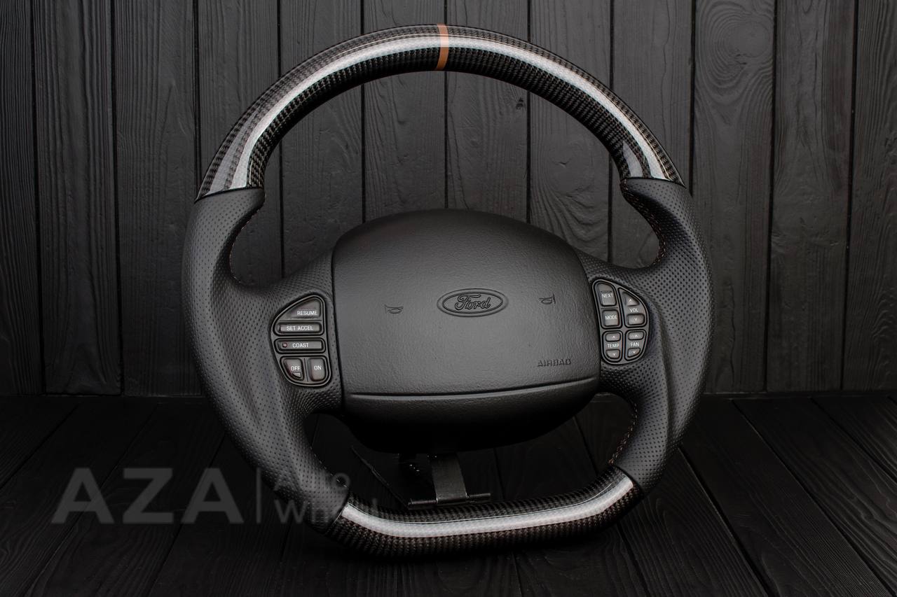Steering wheel Ford F150/F250/F350 97-2007 Carbon fiber/Perforated leather/Brown stripe (can be any color per request)