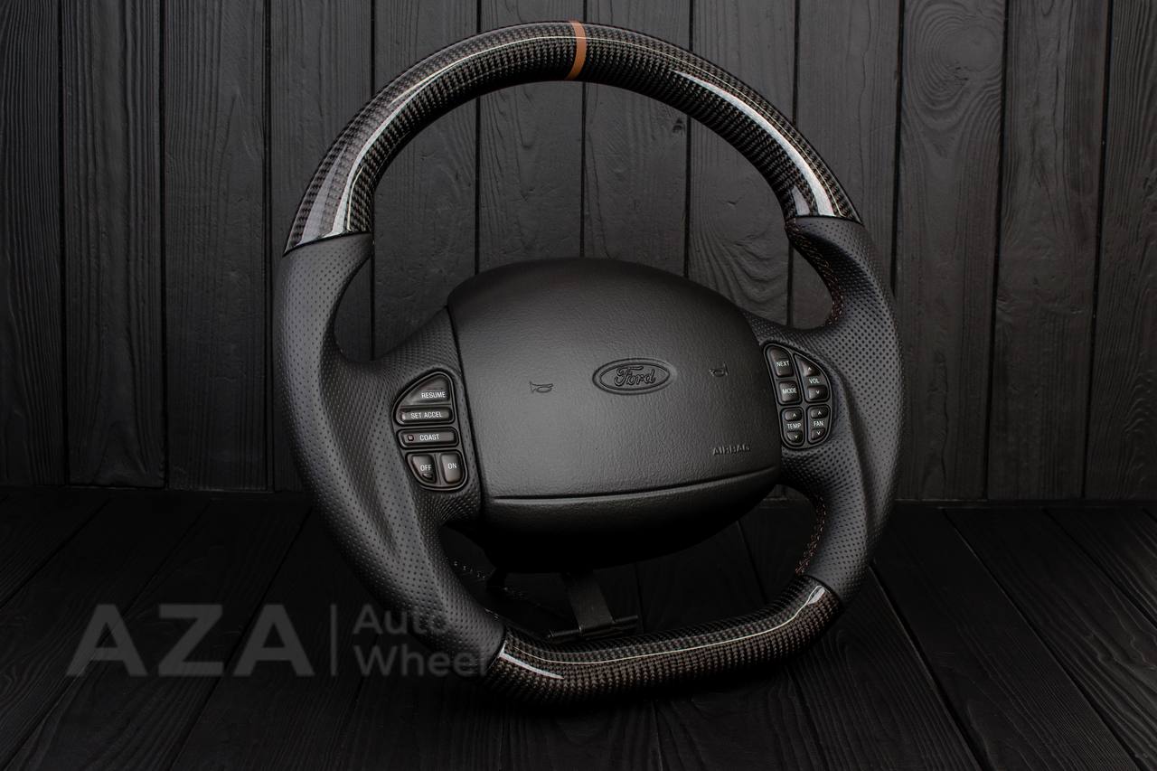 Steering wheel Ford F150/F250/F350 97-2007 Carbon fiber/Perforated leather/Brown stripe (can be any color per request) - Image 3