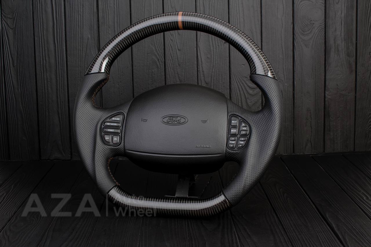 Steering wheel Ford F150/F250/F350 97-2007 Carbon fiber/Perforated leather/Brown stripe (can be any color per request) - Image 4