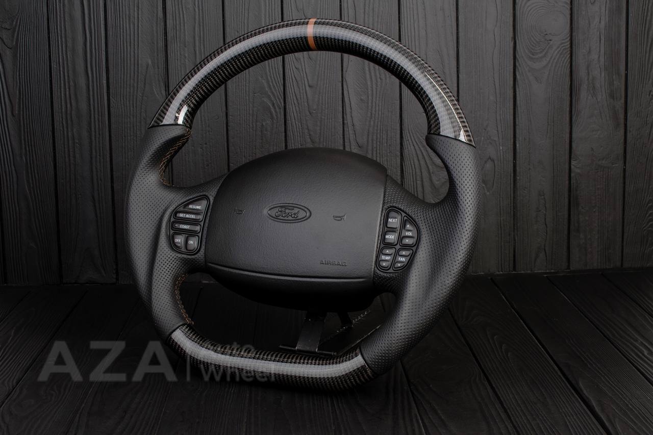 Steering wheel Ford F150/F250/F350 97-2007 Carbon fiber/Perforated leather/Brown stripe (can be any color per request) - Image 5