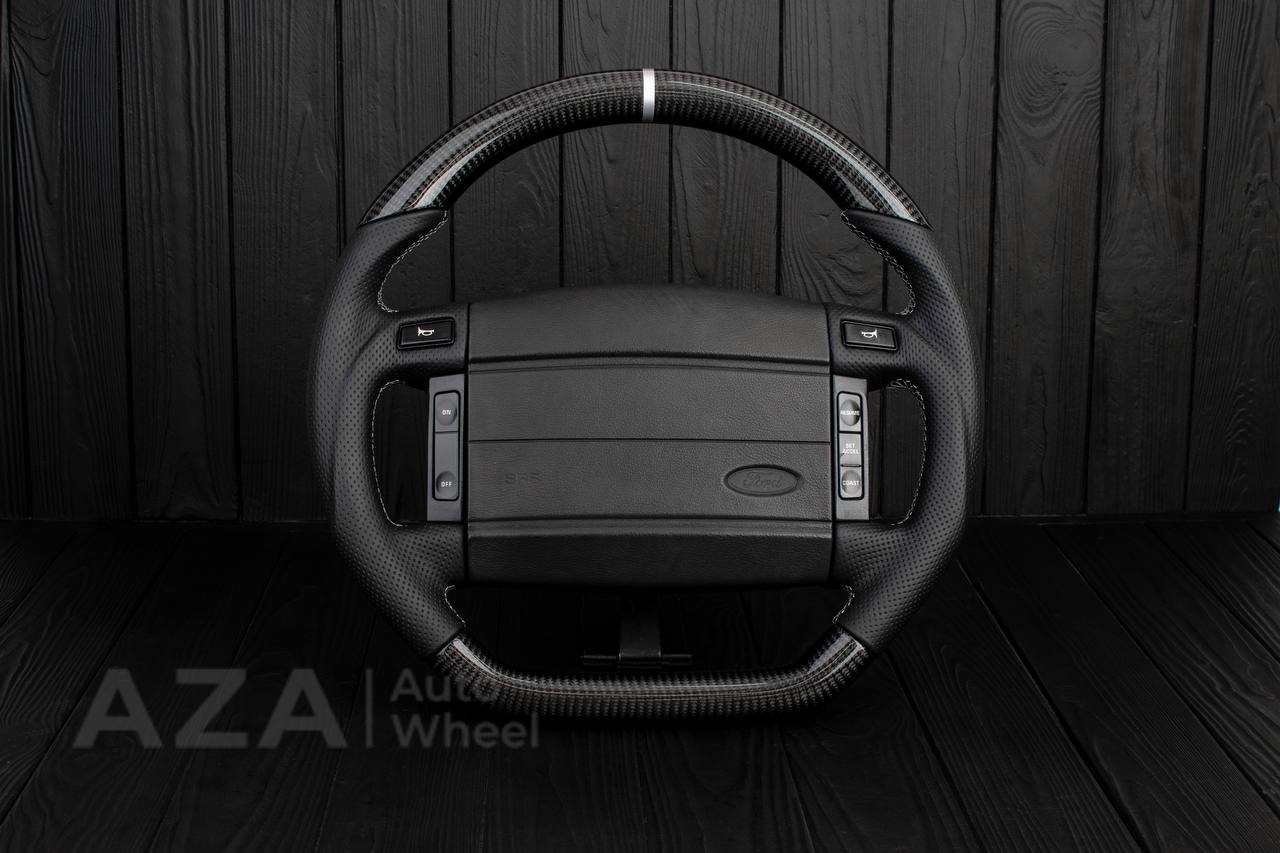 Steering Wheel Fox Body Ford Mustang GT Cobra SVT Saleen Roush Carbon fiber/Perforated leather/Grey stripe (can be any color stripe and stitching)