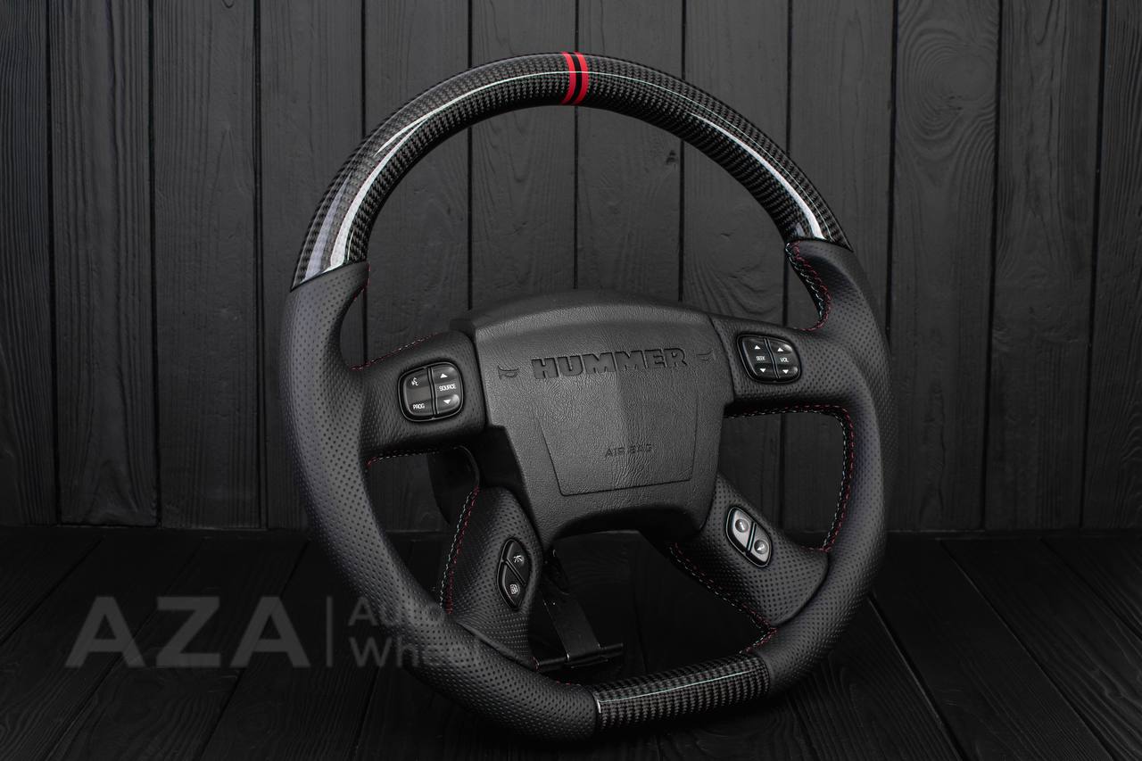 Steering wheel Hummer H2 Carbon fiber/Perforated leather/Red/black/Red stripe - Image 3