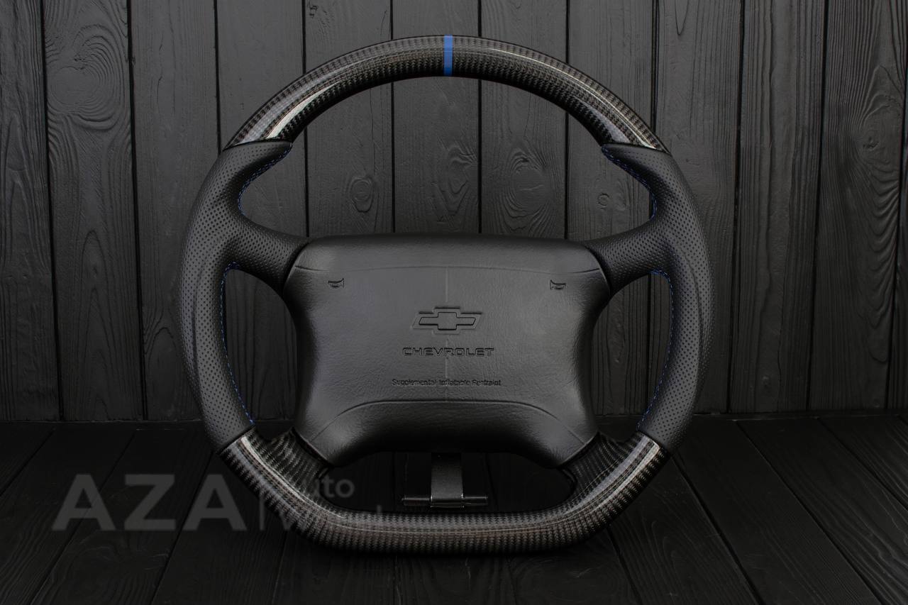 Steering wheel GM, Tahoe, Silverado, Sierra truck (1995-1997) Carbon fiber/Perforated leather/Blue stripe (can be any color)