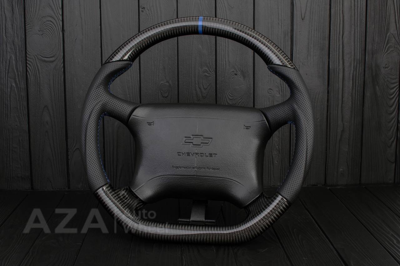 Steering wheel GM, Tahoe, Silverado, Sierra truck (1995-1997) Carbon fiber/Perforated leather/Blue stripe (can be any color) - Image 3