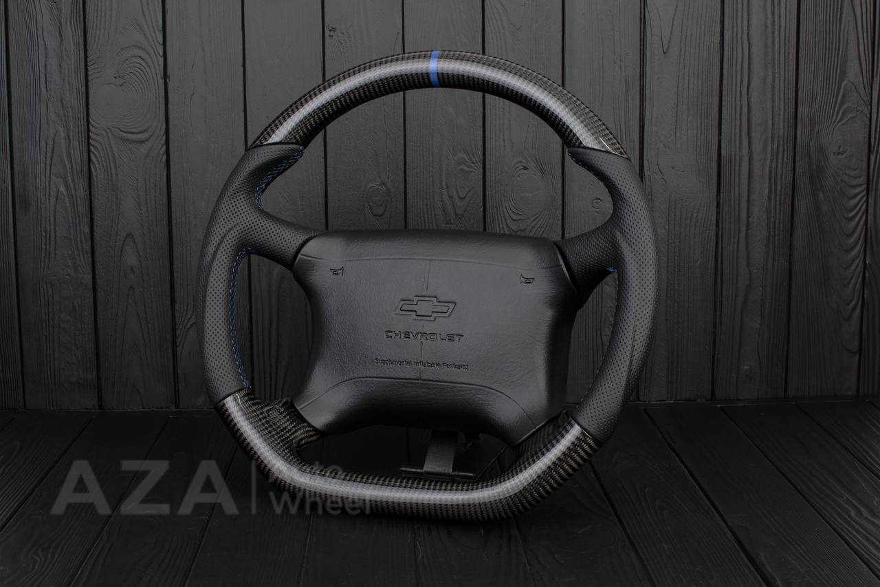 Steering wheel GM, Tahoe, Silverado, Sierra truck (1995-1997) Carbon fiber/Perforated leather/Blue stripe (can be any color) - Image 4