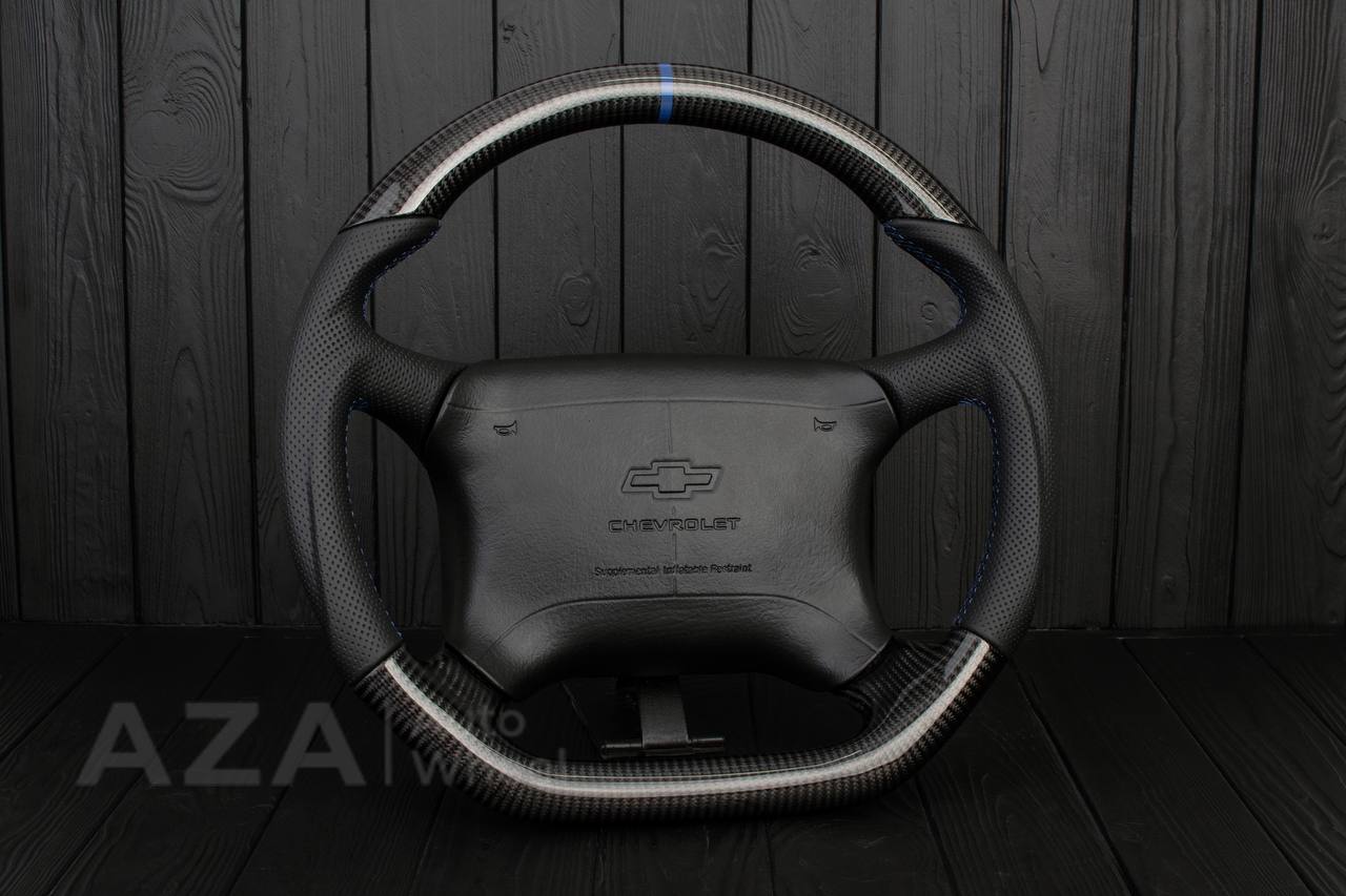 Steering wheel GM, Tahoe, Silverado, Sierra truck (1995-1997) Carbon fiber/Perforated leather/Blue stripe (can be any color) - Image 5