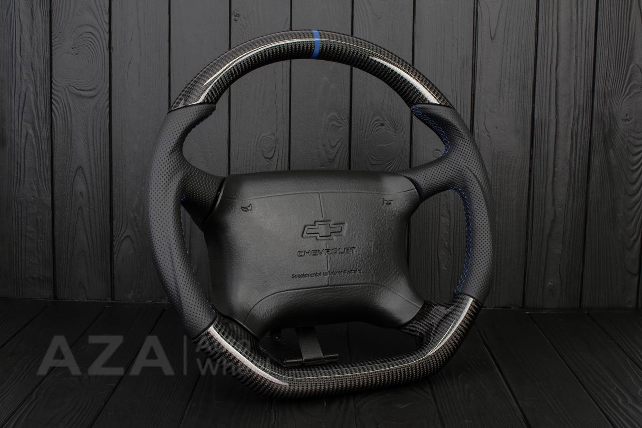 Steering wheel GM, Tahoe, Silverado, Sierra truck (1995-1997) Carbon fiber/Perforated leather/Blue stripe (can be any color) - Image 6