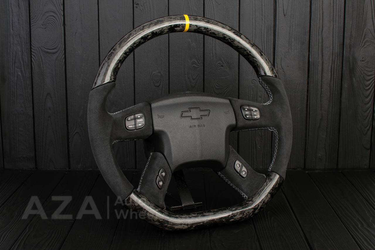 Steering wheel GM, Silverado, Sierra, Yukon, H2, Trailblazer (2003+) Forged carbon fiber/Alcantara/Yellow stripe (can be any color) - Image 4
