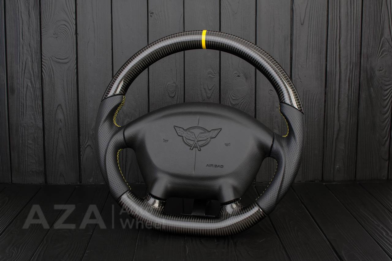 Steering wheel Corvette C5 Reduced diameter Carbon fiber/Perforated leather/Yellow stripe - Image 3