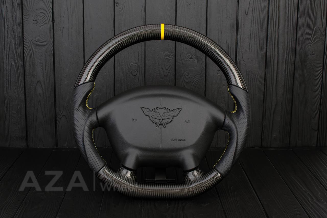 Steering wheel Corvette C5 Reduced diameter Carbon fiber/Perforated leather/Yellow stripe