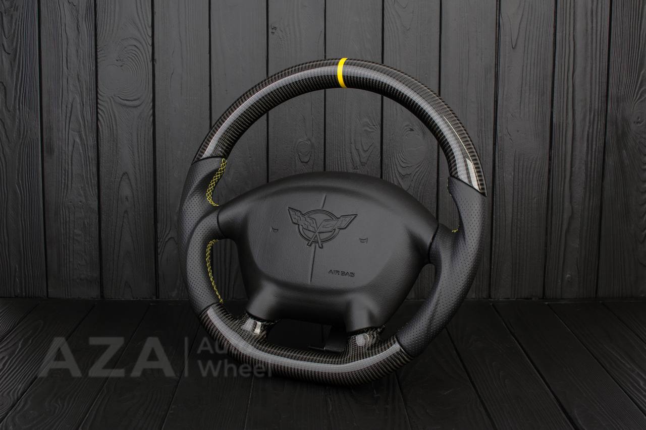 Steering wheel Corvette C5 Reduced diameter Carbon fiber/Perforated leather/Yellow stripe - Image 5