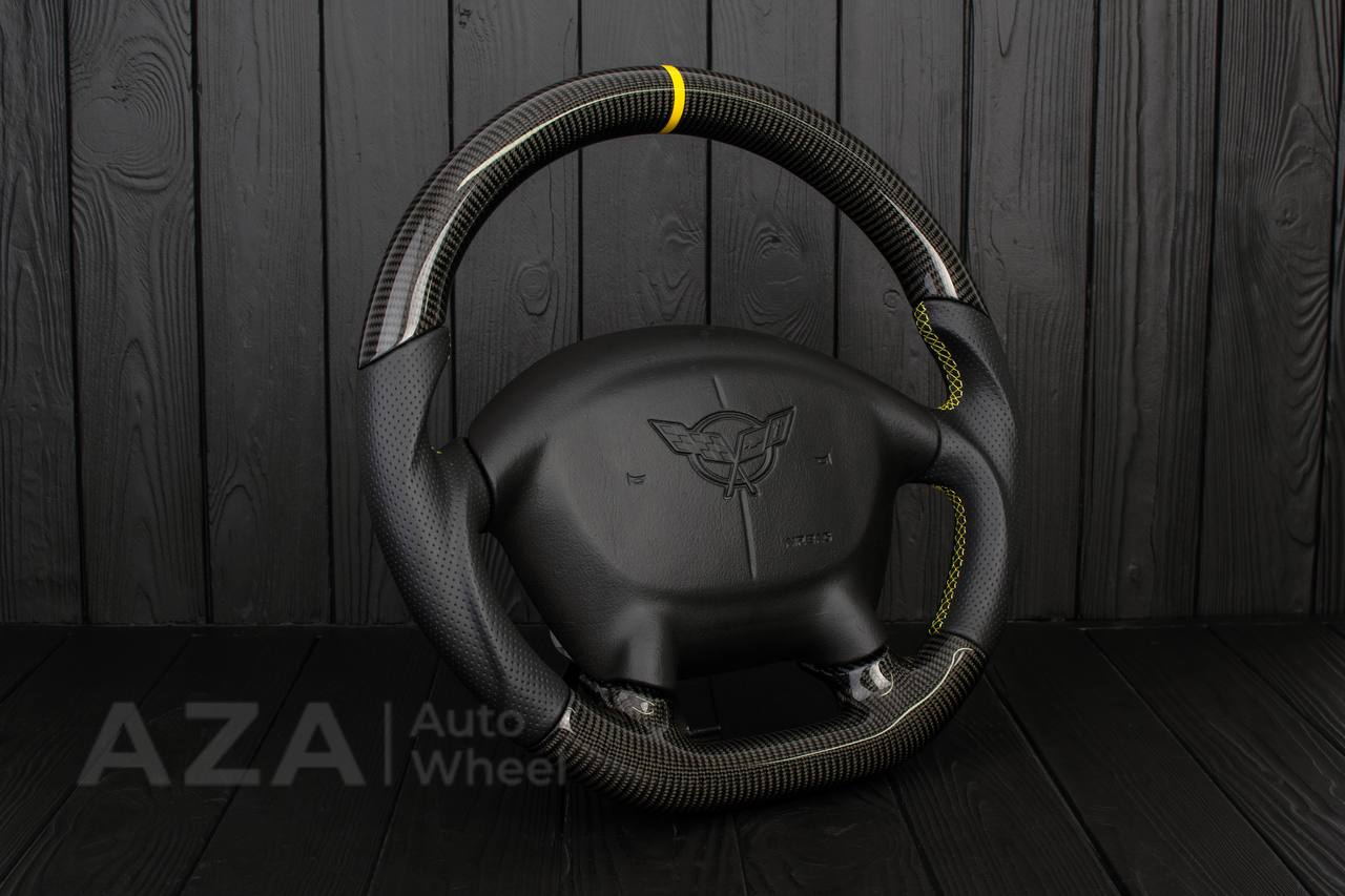 Steering wheel Corvette C5 Reduced diameter Carbon fiber/Perforated leather/Yellow stripe - Image 6