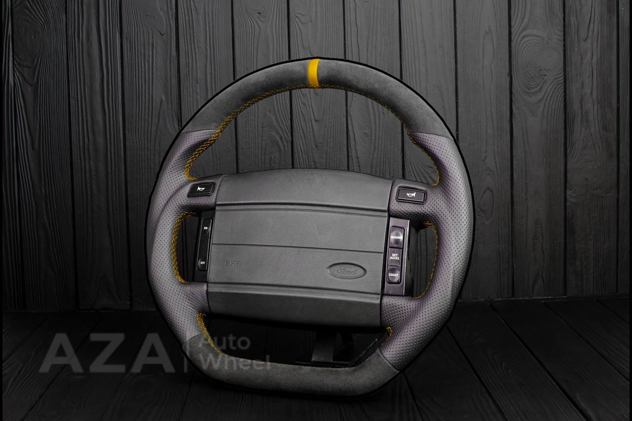 Steering Wheel Fox Body Ford Mustang GT Cobra SVT Saleen Roush Alcantara/Perforated leather/Gold stripe (can be any color stripe and stitching) - Image 3