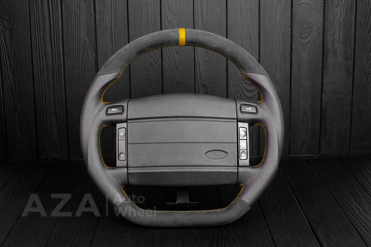 Steering Wheel Fox Body Ford Mustang GT Cobra SVT Saleen Roush Alcantara/Perforated leather/Gold stripe (can be any color stripe and stitching)