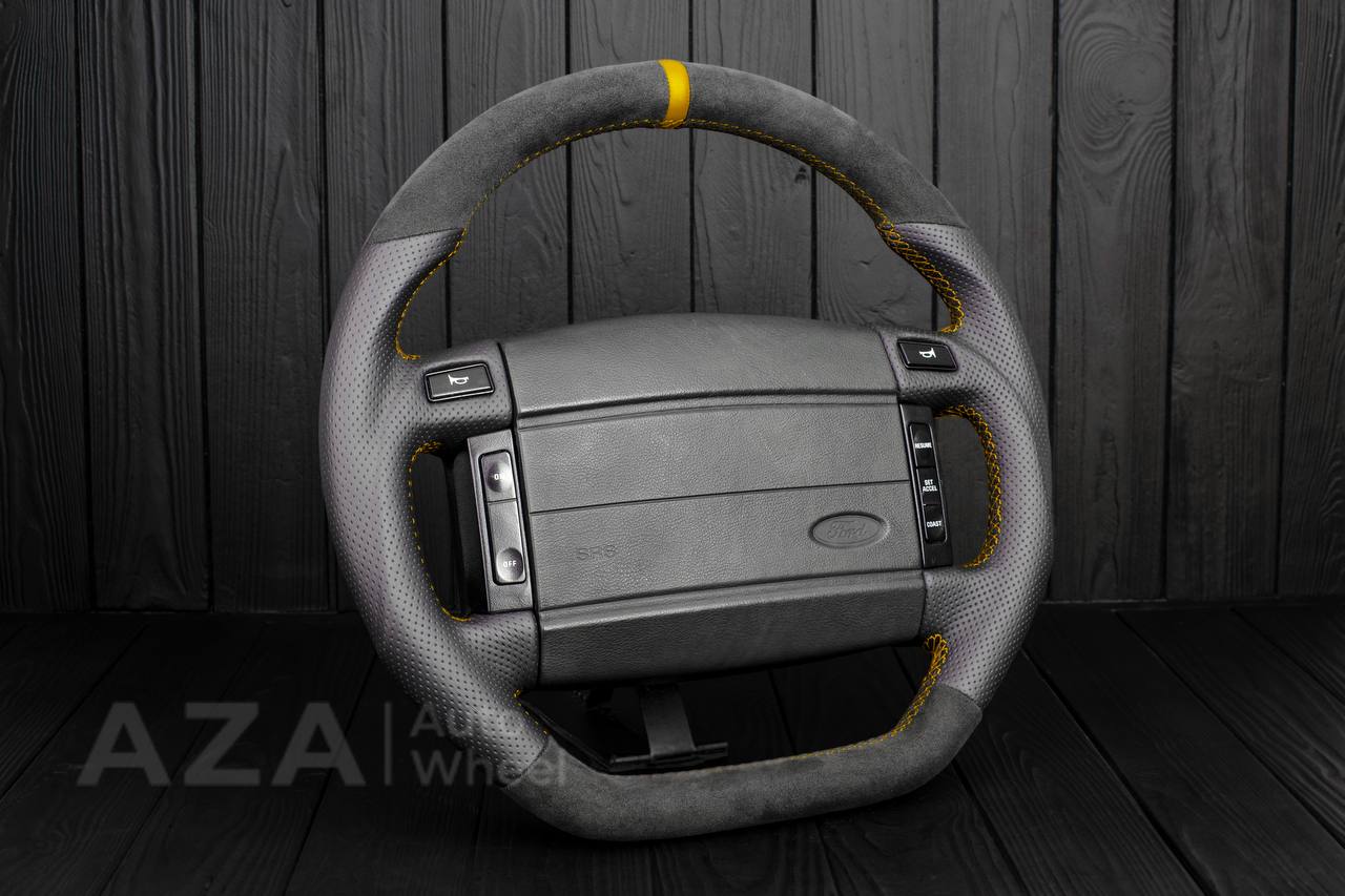 Steering Wheel Fox Body Ford Mustang GT Cobra SVT Saleen Roush Alcantara/Perforated leather/Gold stripe (can be any color stripe and stitching) - Image 4