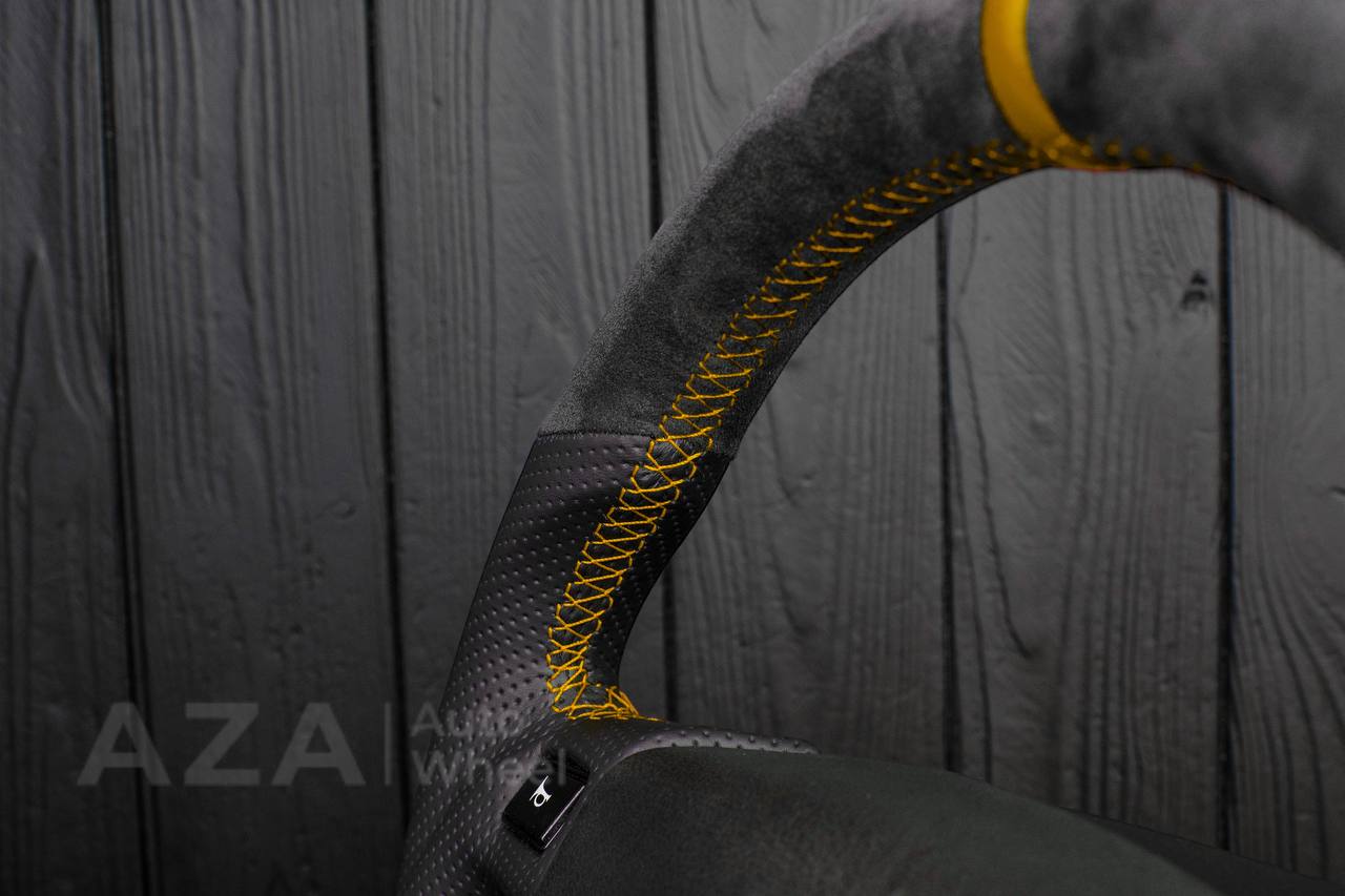 Steering Wheel Fox Body Ford Mustang GT Cobra SVT Saleen Roush Alcantara/Perforated leather/Gold stripe (can be any color stripe and stitching) - Image 6