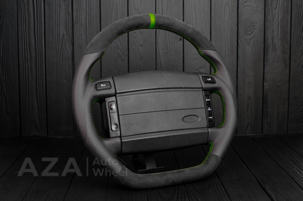 Steering Wheel Fox Body Ford Mustang GT Cobra SVT Saleen Roush Alcantara/Perforated leather/Green stripe (can be any color stripe and stitching) - Image 3