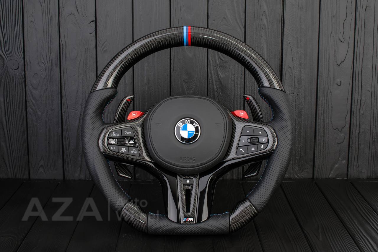 Steering wheel 2017+ BMW F90 M5 G80 M3 M4 M8 X5M X6M X3M X4M Carbon fiber/Perforated leather/M stripe (drivers assist+heated)