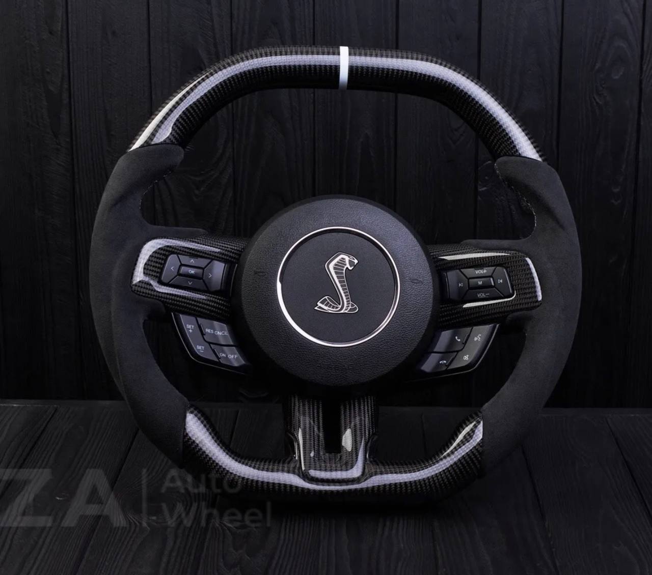 Steering wheel 2015+ Mustang custom unique flat top/bottom carbon steering wheel + white details+alcantara (Less air bag/buttons)