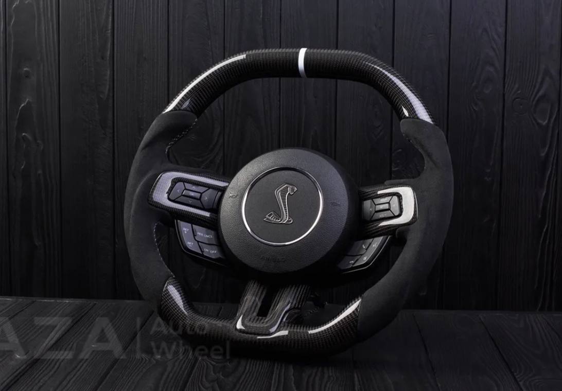 Steering wheel 2015+ Mustang custom unique flat top/bottom carbon steering wheel + white details+alcantara (Less air bag/buttons) - Image 3