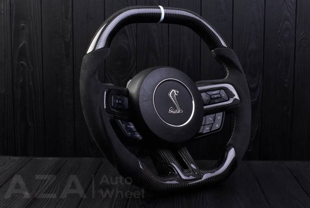 Steering wheel 2015+ Mustang custom unique flat top/bottom carbon steering wheel + white details+alcantara (Less air bag/buttons) - Image 4