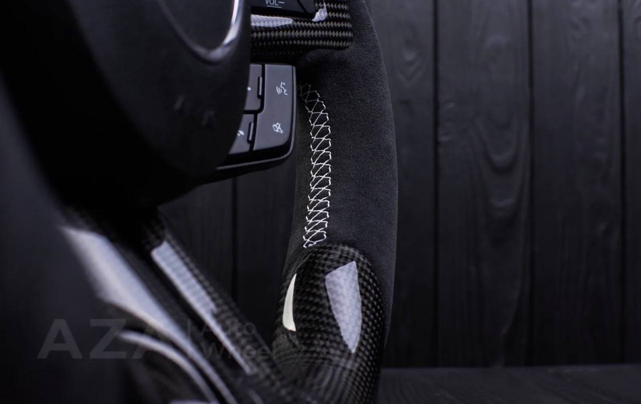 Steering wheel 2015+ Mustang custom unique flat top/bottom carbon steering wheel + white details+alcantara (Less air bag/buttons) - Image 11