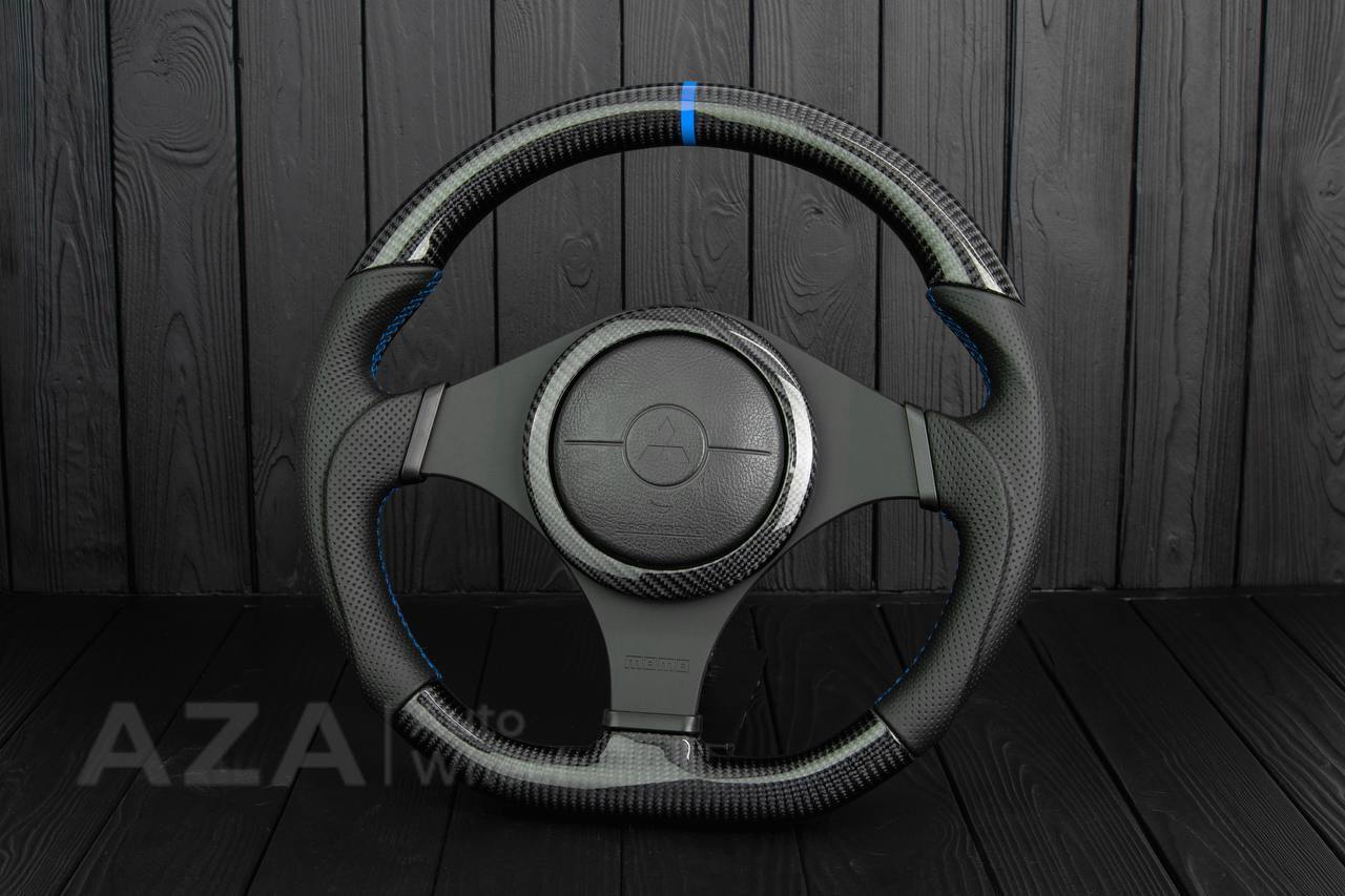 Steering wheel Mitsubishi Lancer Evolution 7/8/9 Carbon fiber/Perforated leather/Blue stripe (can be any color) - Image 3