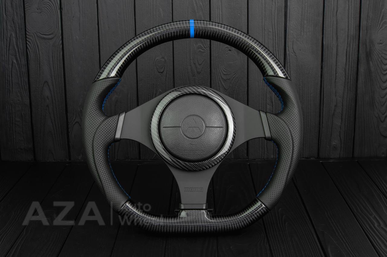 Steering wheel Mitsubishi Lancer Evolution 7/8/9 Carbon fiber/Perforated leather/Blue stripe (can be any color)