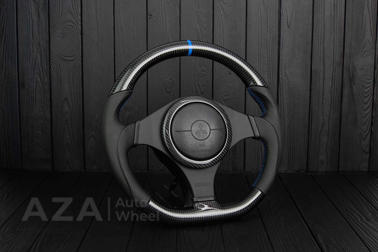 Steering wheel Mitsubishi Lancer Evolution 7/8/9 Carbon fiber/Perforated leather/Blue stripe (can be any color) - Image 4