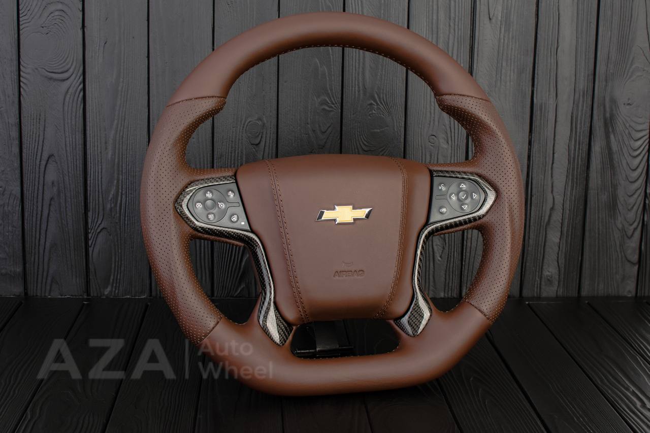 Steering wheel GMC Sierra Silverado Denali 2014-2018 Carbon fiber trims/Genuine Cocoa/Napa/Perforated leather/Center cover (any color stripe and stitch) - Image 4