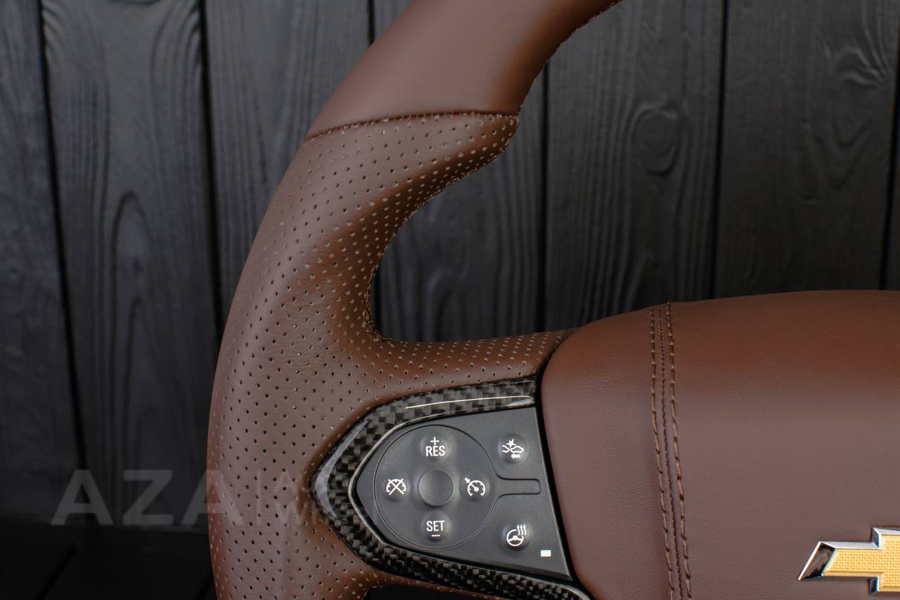 Steering wheel GMC Sierra Silverado Denali 2014-2018 Carbon fiber trims/Genuine Cocoa/Napa/Perforated leather/Center cover (any color stripe and stitch) - Image 5