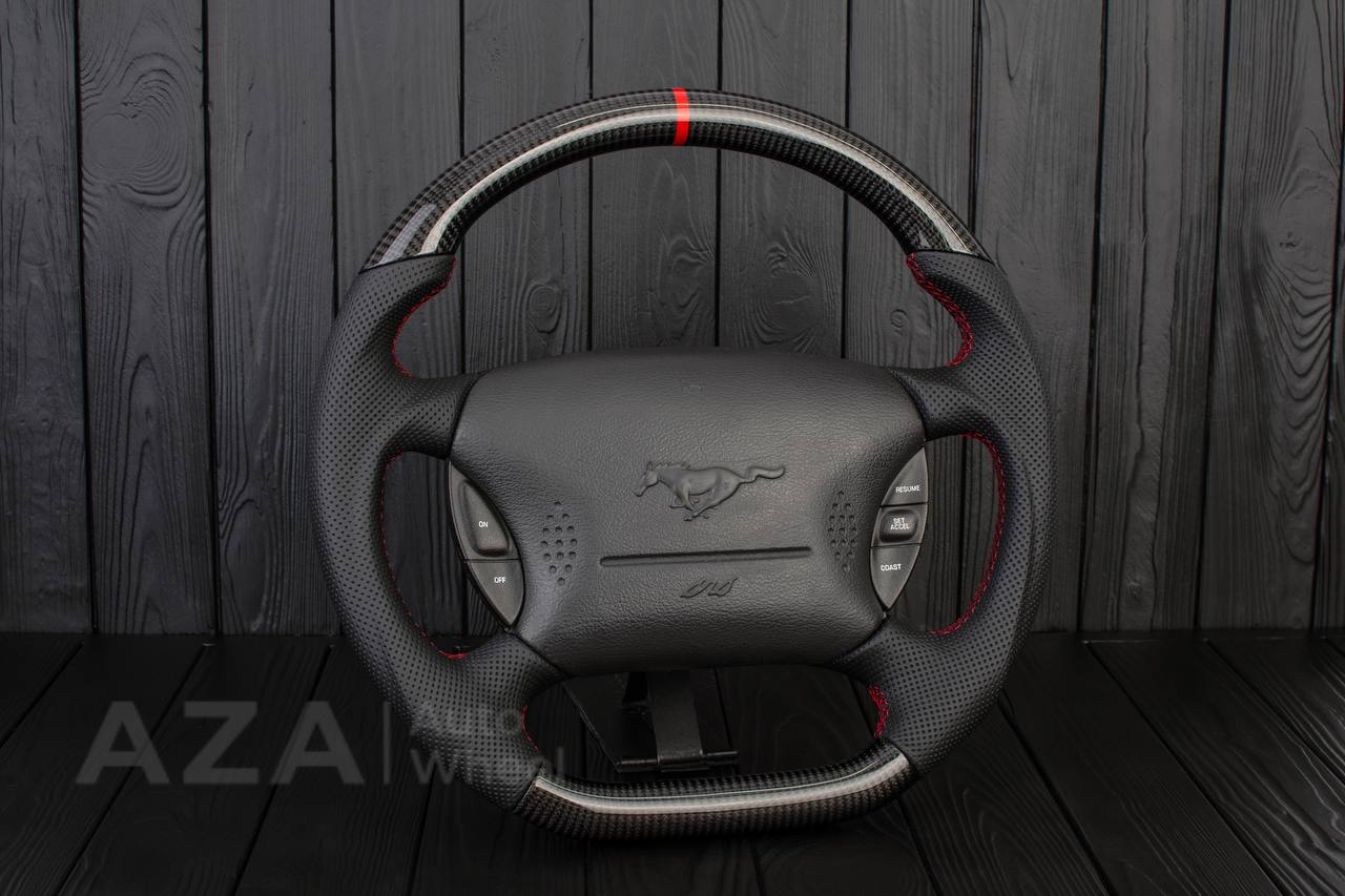 Steering wheel Ford Mustang GT Cobra Carbon fiber/Perforated leather/Red stripe - Image 4