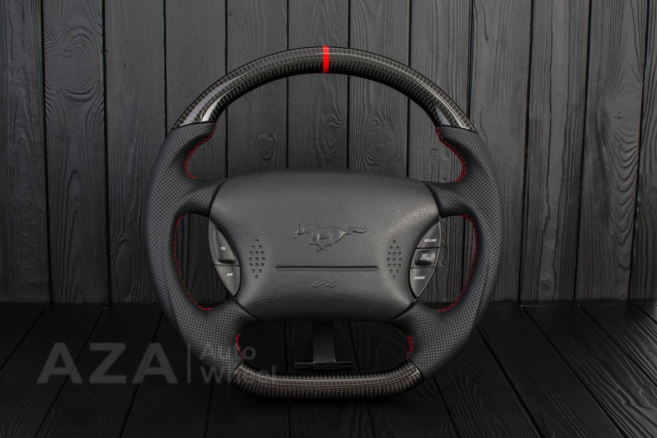 Steering wheel Ford Mustang GT Cobra Carbon fiber/Perforated leather/Red stripe - Image 3