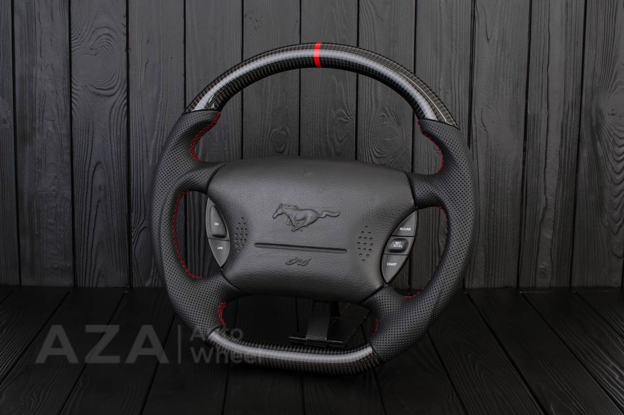 Steering wheel Ford Mustang GT Cobra Carbon fiber/Perforated leather/Red stripe - Image 5