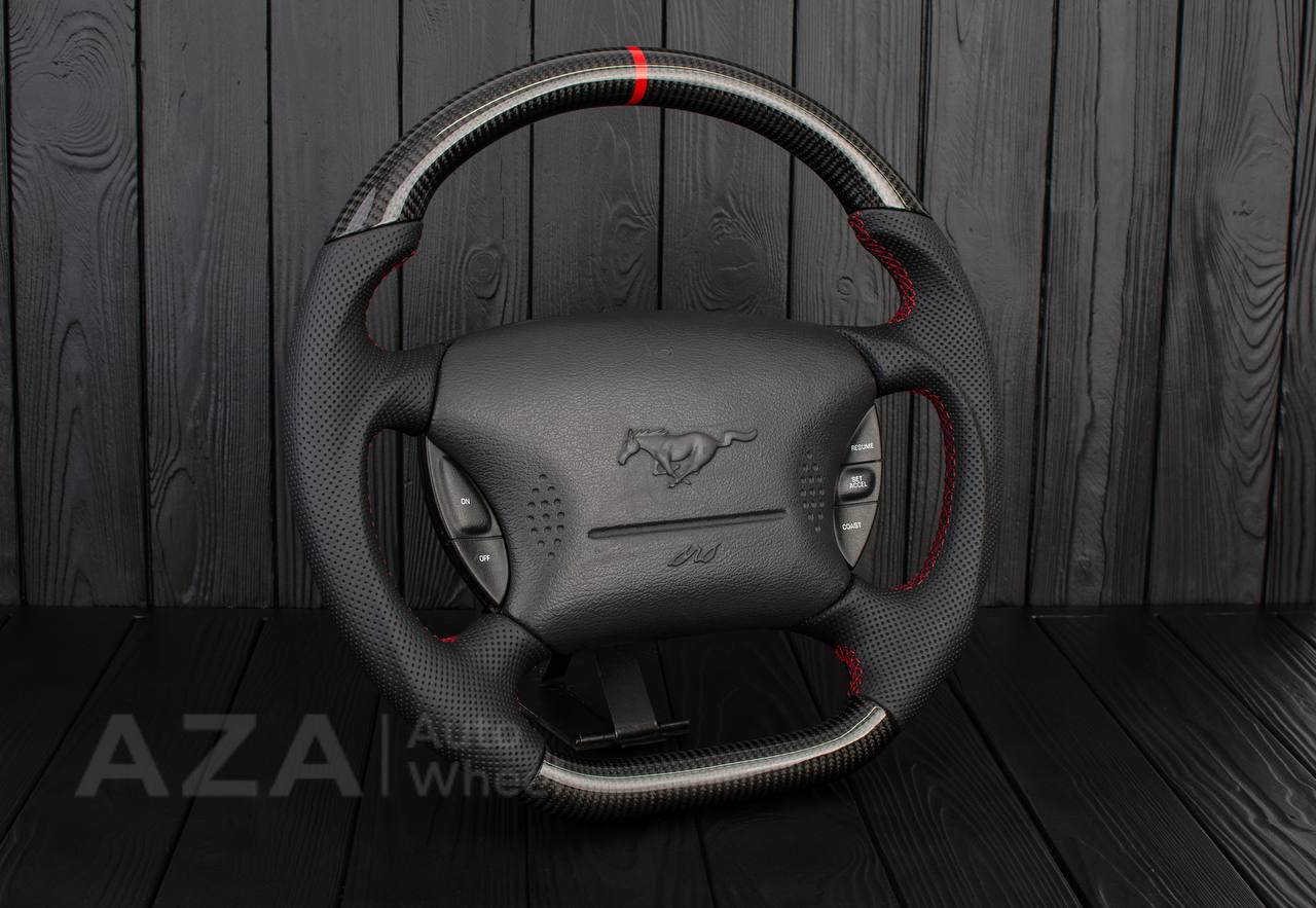 Steering wheel Ford Mustang GT Cobra Carbon fiber/Perforated leather/Red stripe - Image 6