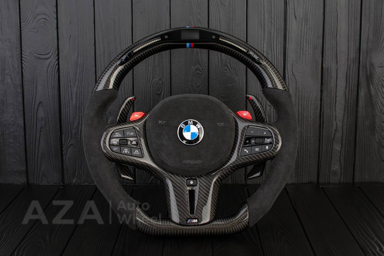 Steering wheel 2018+ BMW F90 M5 G80 M3 M4 M8 X5M X6M X3M X4M Heated Carbon fiber/Alcantara/Led screen/M stripe/ Air bag cover/ Extended paddle shifters