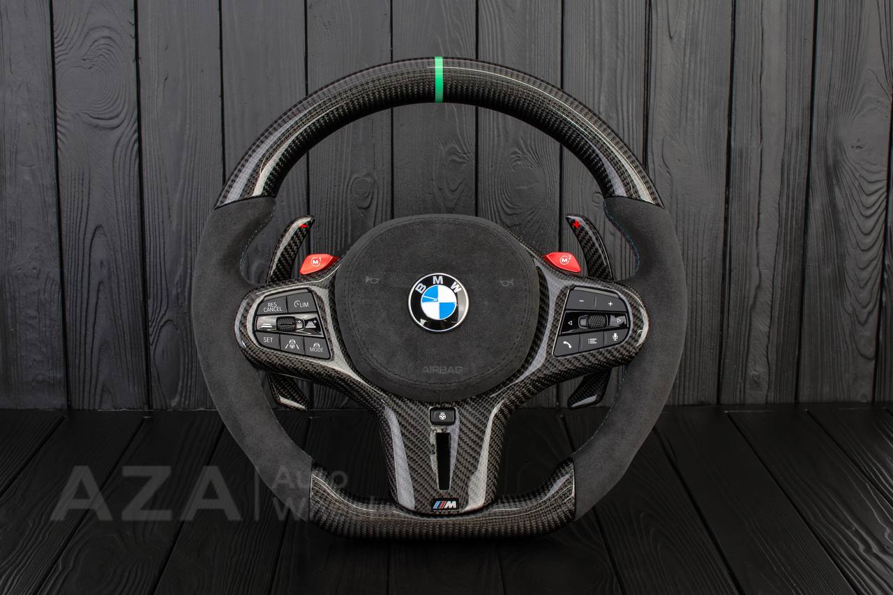 Steering wheel 2017+ BMW F90 M5 G80 M3 M4 M8 X5M X6M X3M X4M Carbon fiber/Alcantara/Green stripe(drivers assist+heated) + Air bag cover