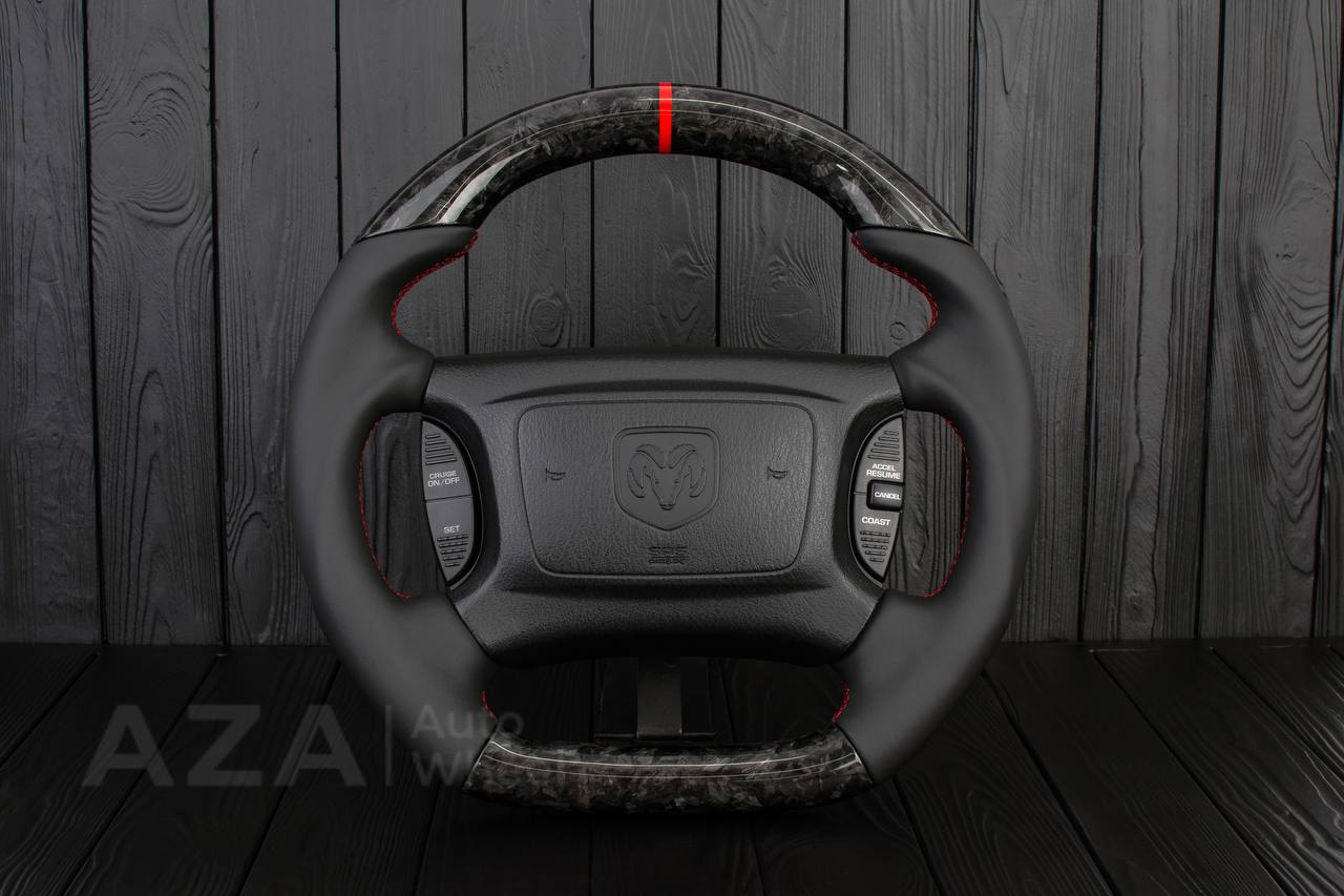 Custom Steering wheel DODGE RAM Dakota 2ND GEN 1998-2002 Forged carbon/Napa italian leather/Red details (can be any color)