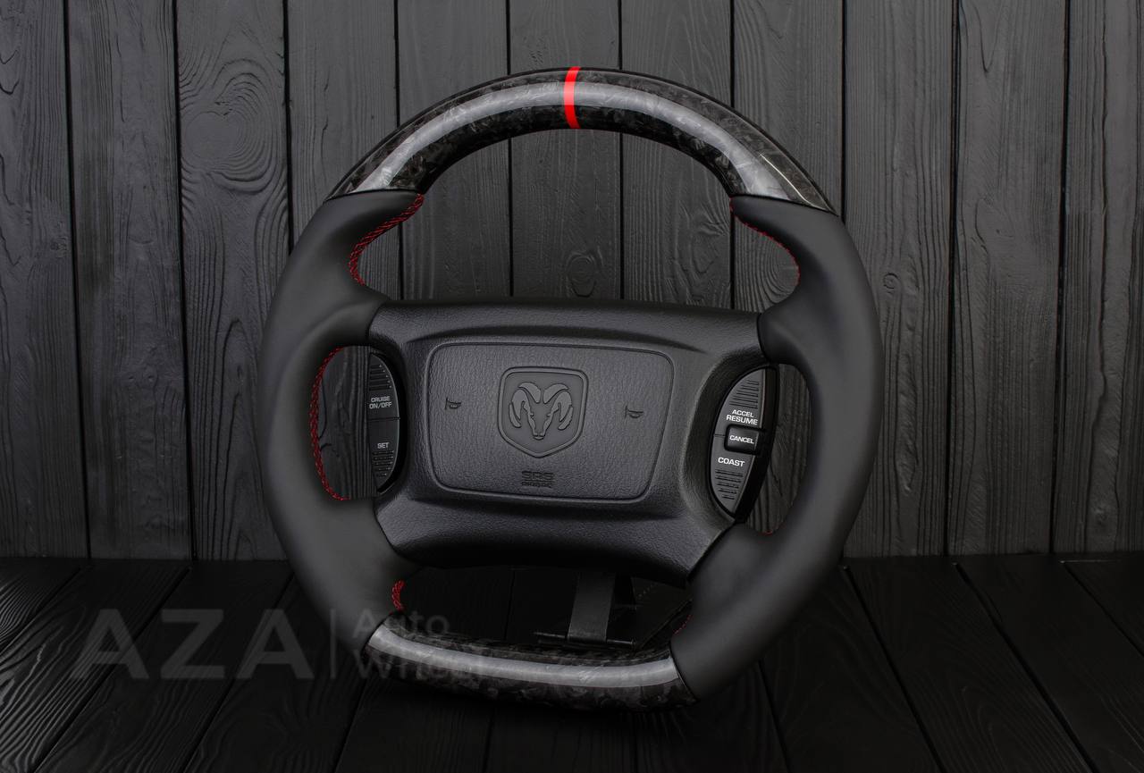 Custom Steering wheel DODGE RAM Dakota 2ND GEN 1998-2002 Forged carbon/Napa italian leather/Red details (can be any color) - Image 3