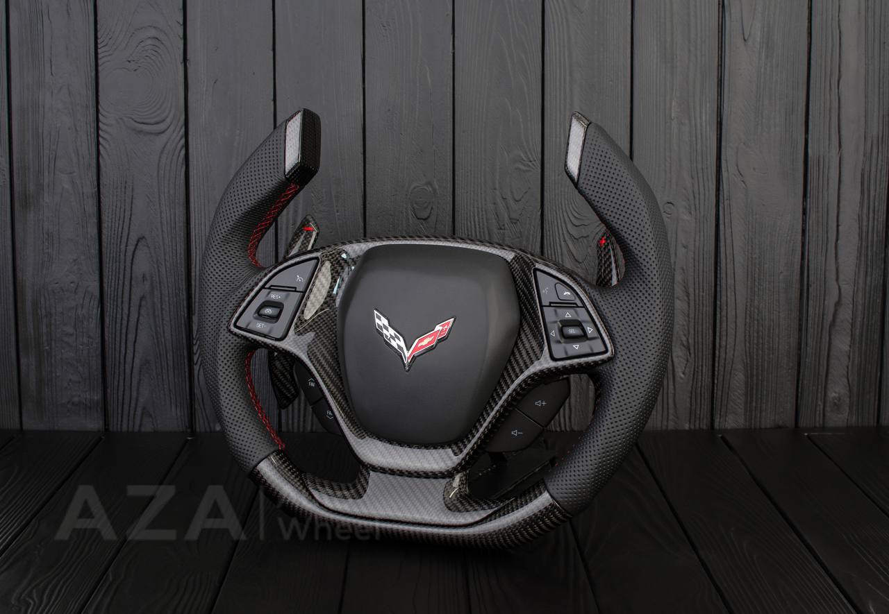 Steering wheel Chevrolet Corvette C7 2014-2019 Jet style rev match or +- paddles (can be any color stitch) Carbon fiber/Perforated leather - Image 4