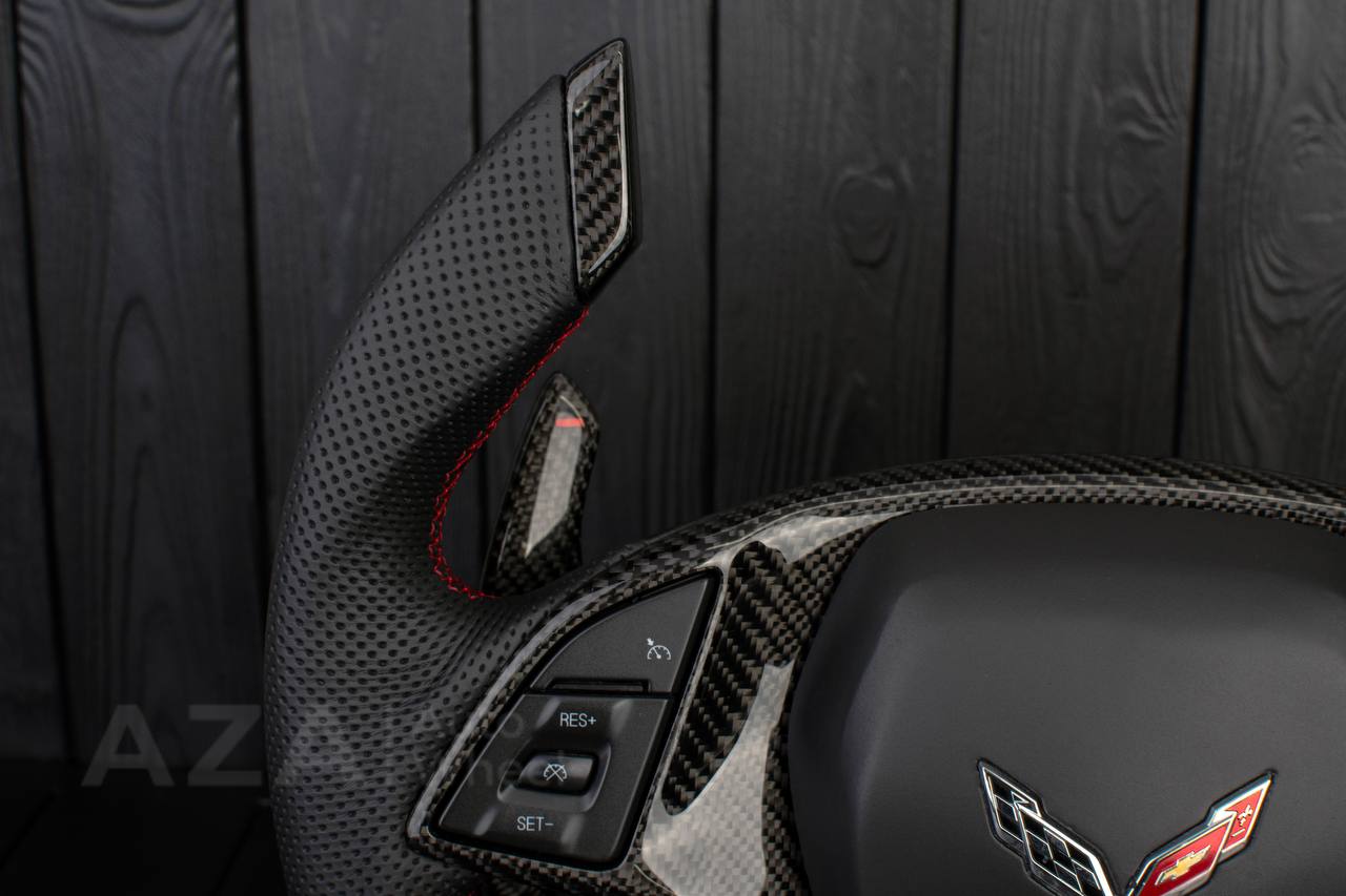 Steering wheel Chevrolet Corvette C7 2014-2019 Jet style rev match or +- paddles (can be any color stitch) Carbon fiber/Perforated leather - Image 5