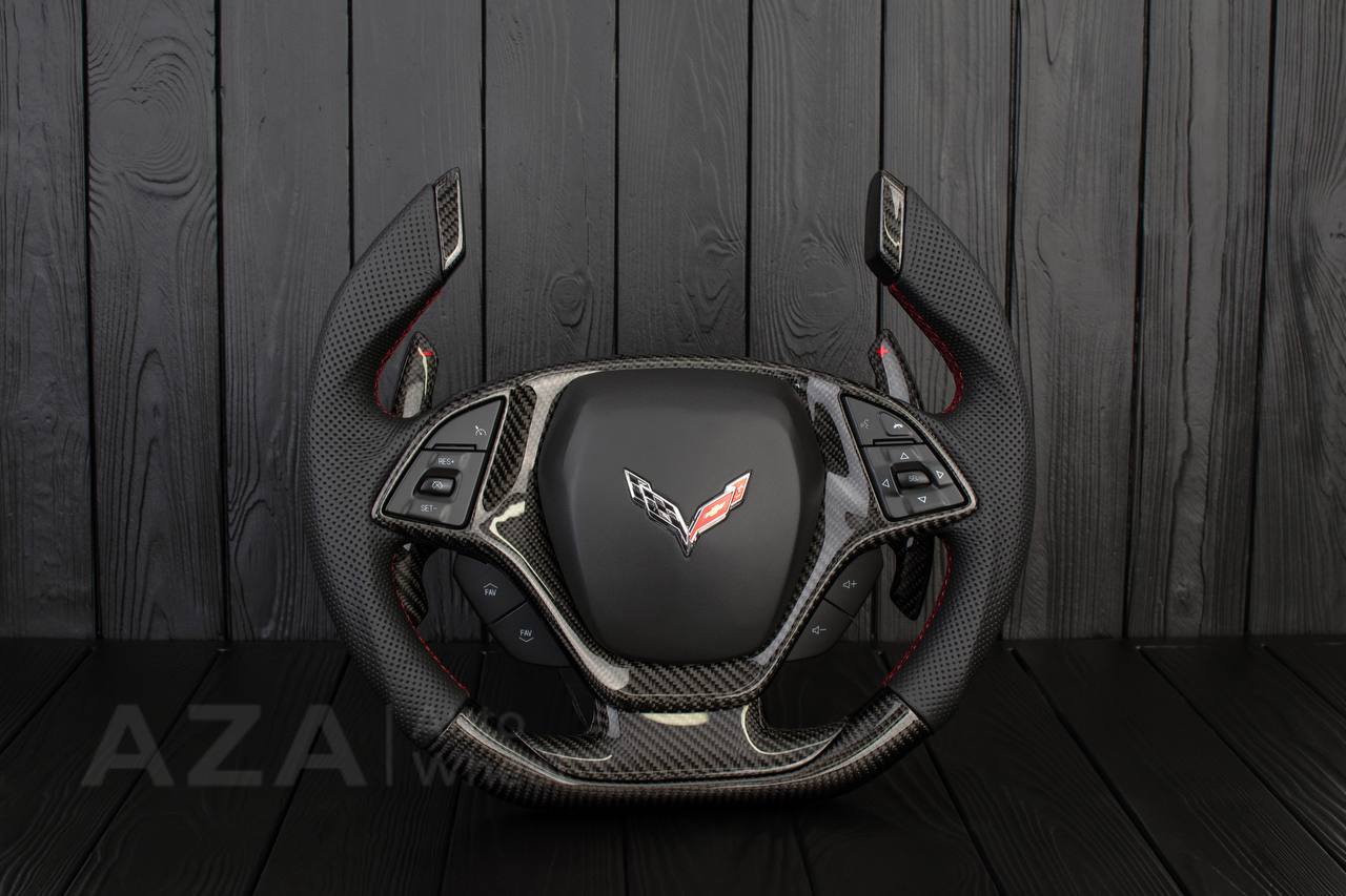 Steering wheel Chevrolet Corvette C7 2014-2019 Jet style rev match or +- paddles (can be any color stitch) Carbon fiber/Perforated leather - Image 2