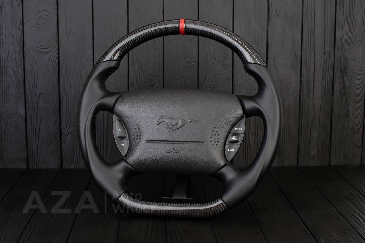 Steering wheel Ford Mustang 94-2004 GT Cobra Carbon fiber/Smooth leather/Red leather stripe - Image 3
