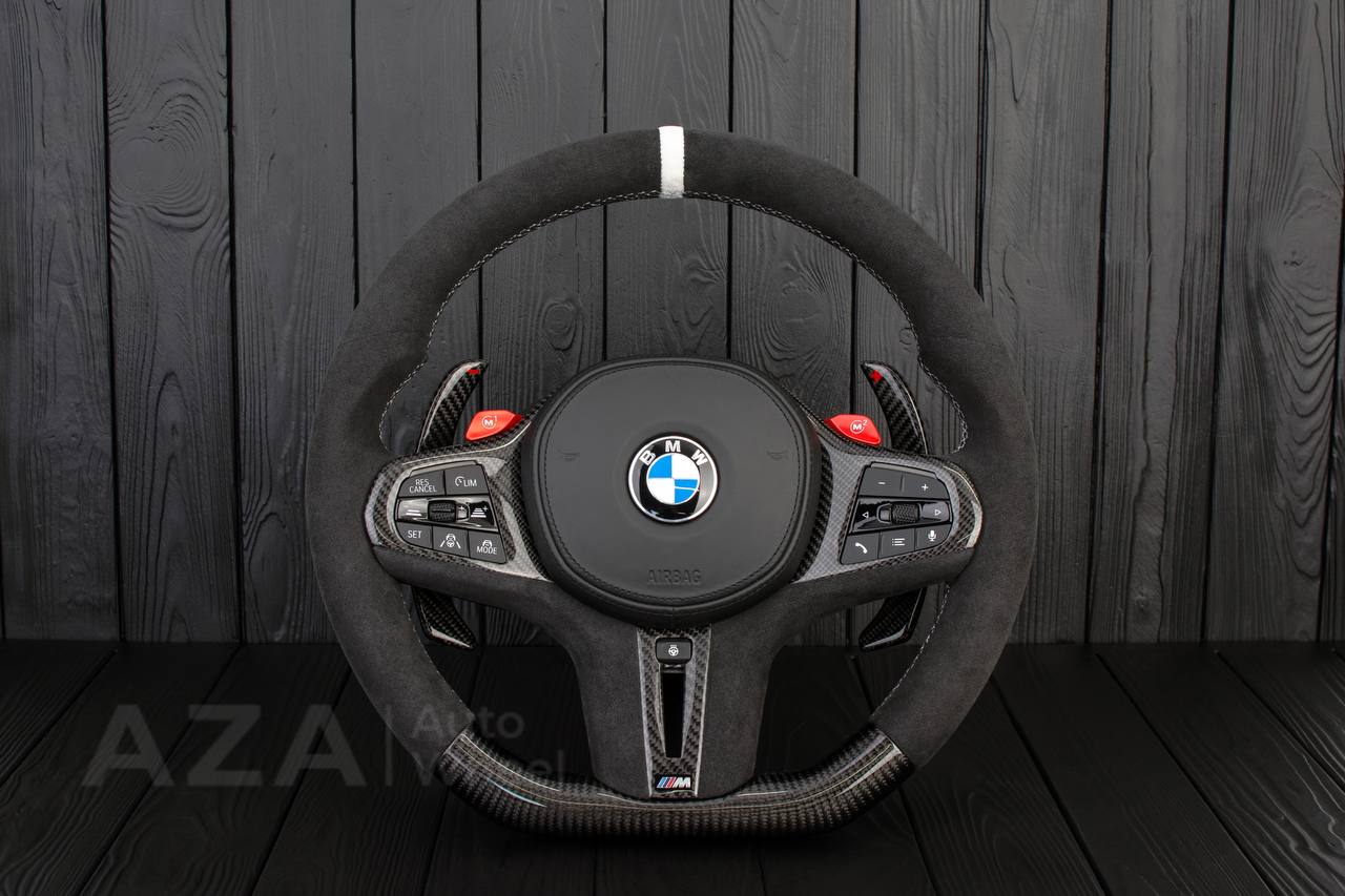 Steering wheel BMW F90 M5 M8 X5M X6M X3M X4M 2018+ Carbon fiber/Alcantara/ WHITE DETAILS (can be any color) Heated, DRIVERS ASSIST