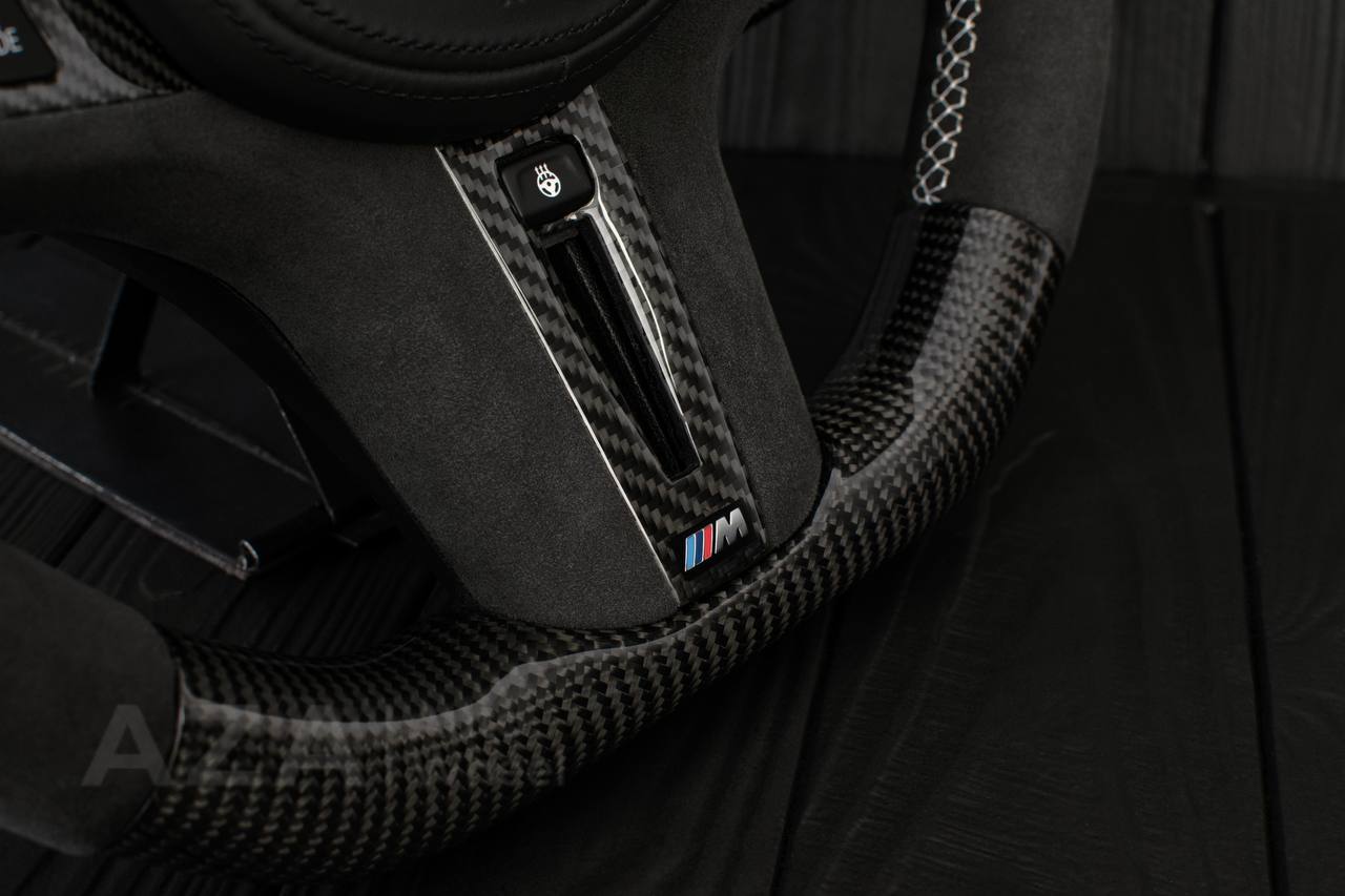 Steering wheel BMW F90 M5 M8 X5M X6M X3M X4M 2018+ Carbon fiber/Alcantara/ WHITE DETAILS (can be any color) Heated, DRIVERS ASSIST - Image 11