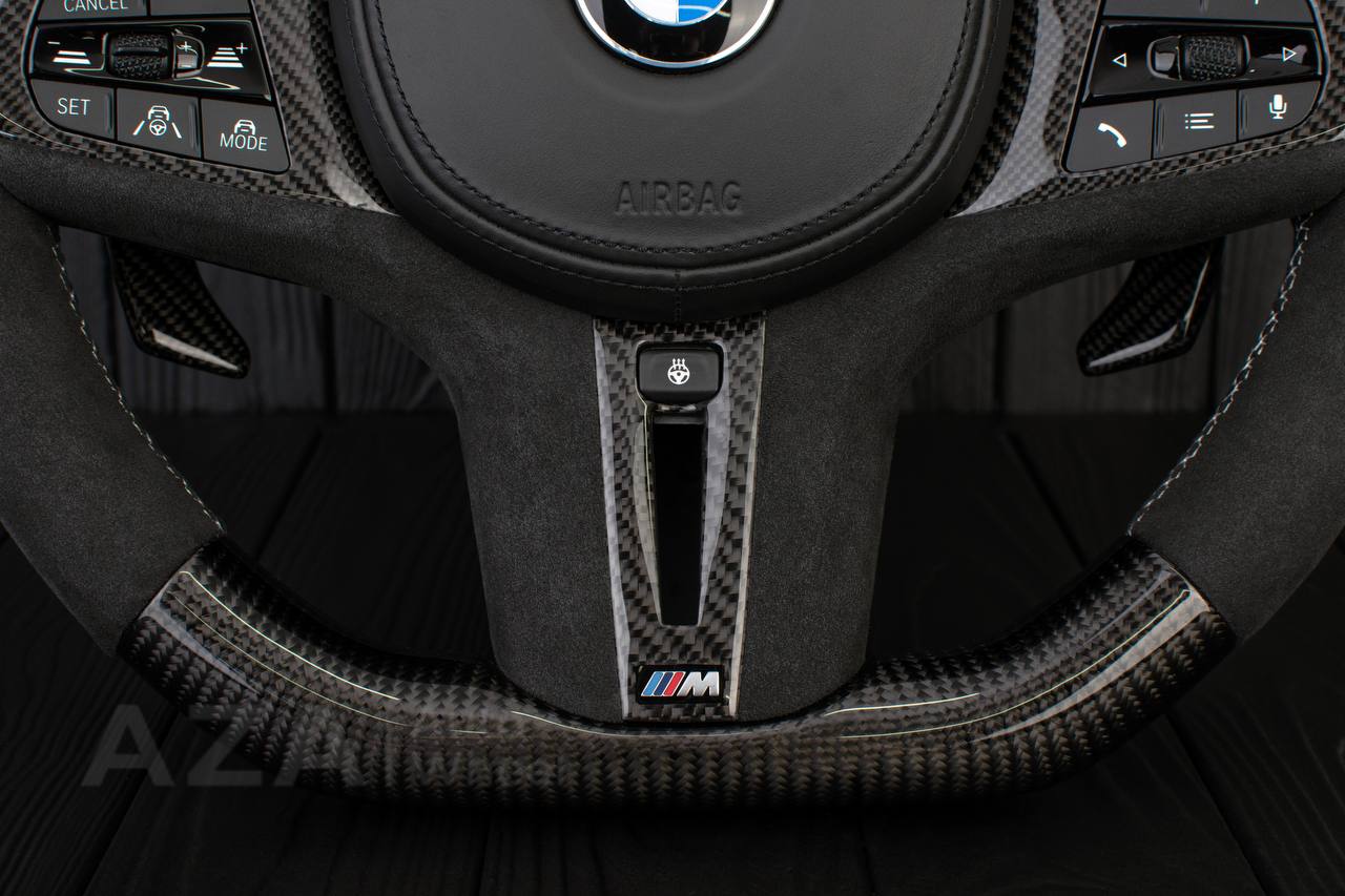 Steering wheel BMW F90 M5 M8 X5M X6M X3M X4M 2018+ Carbon fiber/Alcantara/ WHITE DETAILS (can be any color) Heated, DRIVERS ASSIST - Image 12