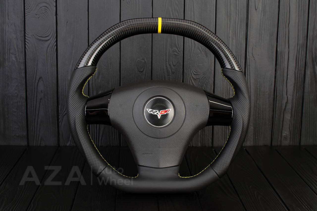 Steering wheel 2006-2011 Corvette C6 Carbon fiber/Perforated leather/Yellow details/Flat top